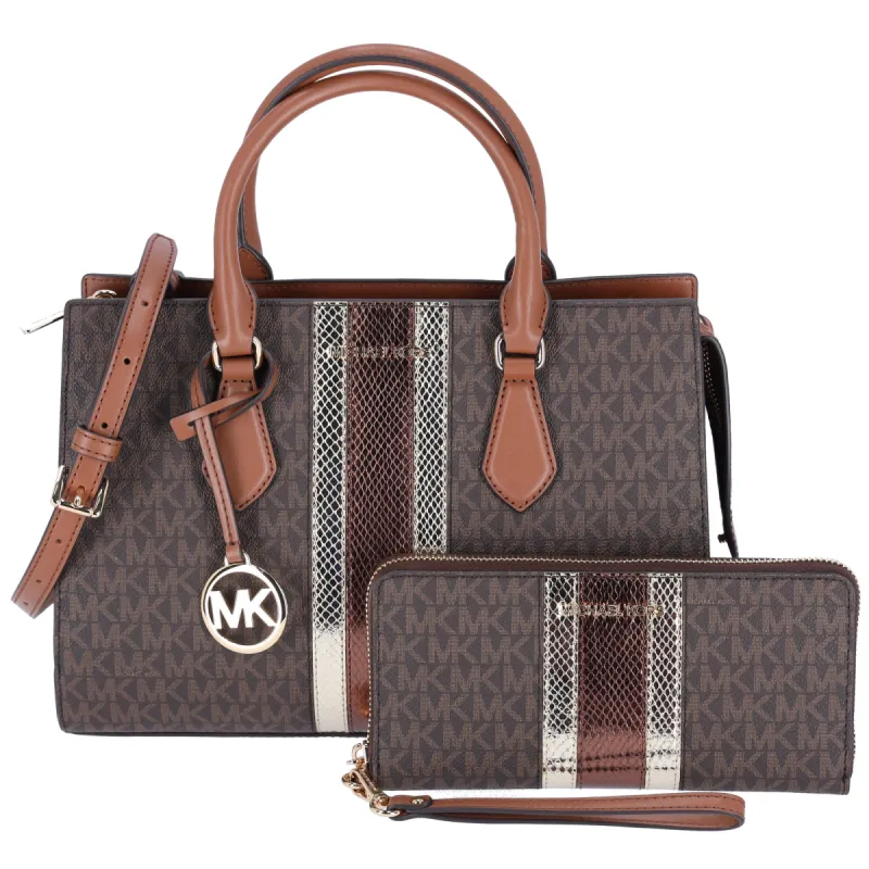 Michael Kors Sheila Medium Signature MK Metallic Satchel Brown Gold + Wallet sold by Gaby's Bags
