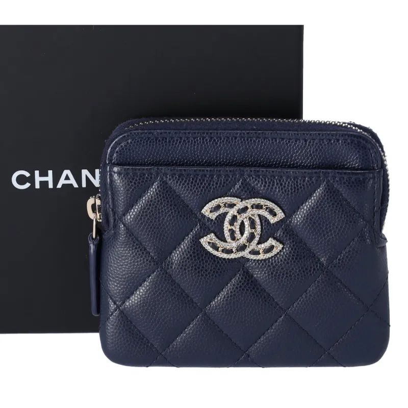 Chanel Caviar Quilted Crystal Zip Card Holder Wallet Navy sold by Gaby's Bags