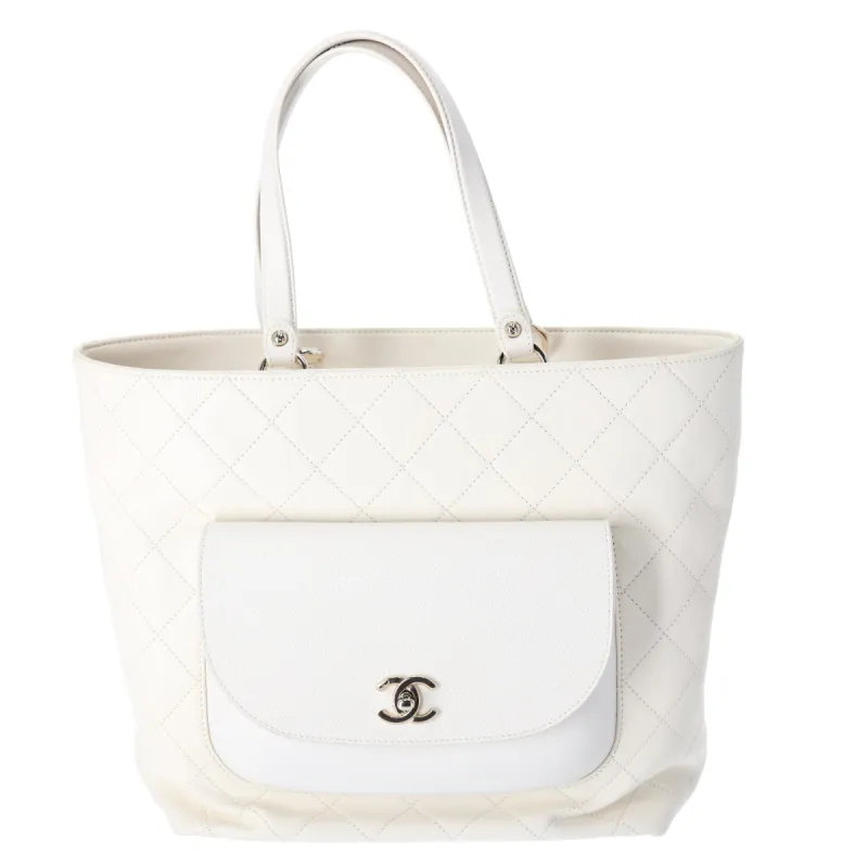CHANEL CC Quilted Front Pocket Tote Bag Cream Leather sold by Gaby's Bags