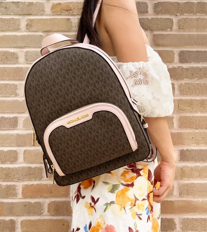 Michael Kors Jaycee Medium Zip Pocket Backpack Brown MK Powder Blush Pink sold by Gaby's Bags