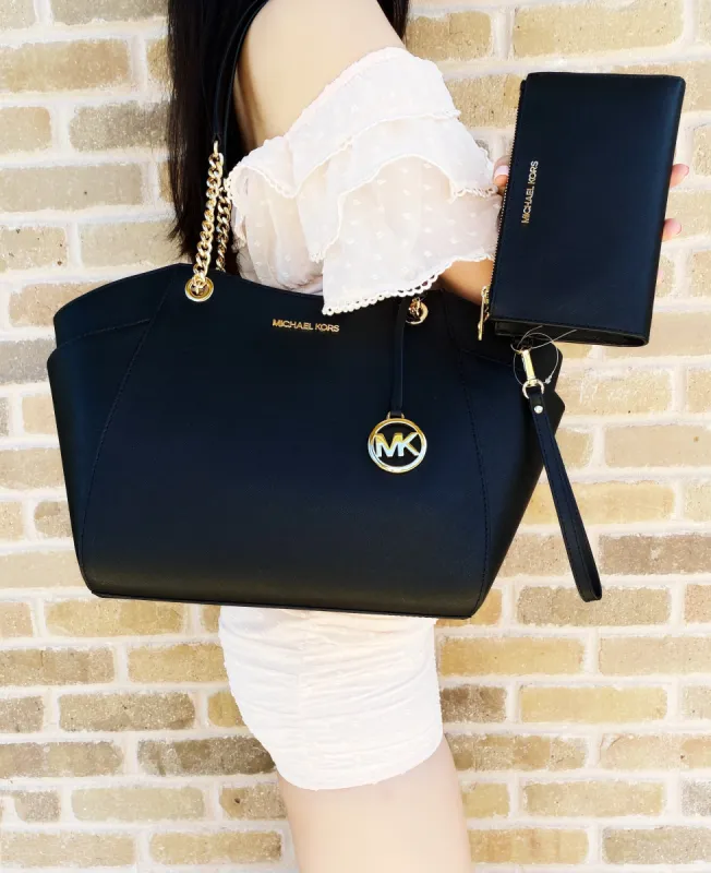 Michael Kors Jet Set Chain Shoulder Tote Large Double Zip Wristlet Wallet Black sold by Gaby's Bags