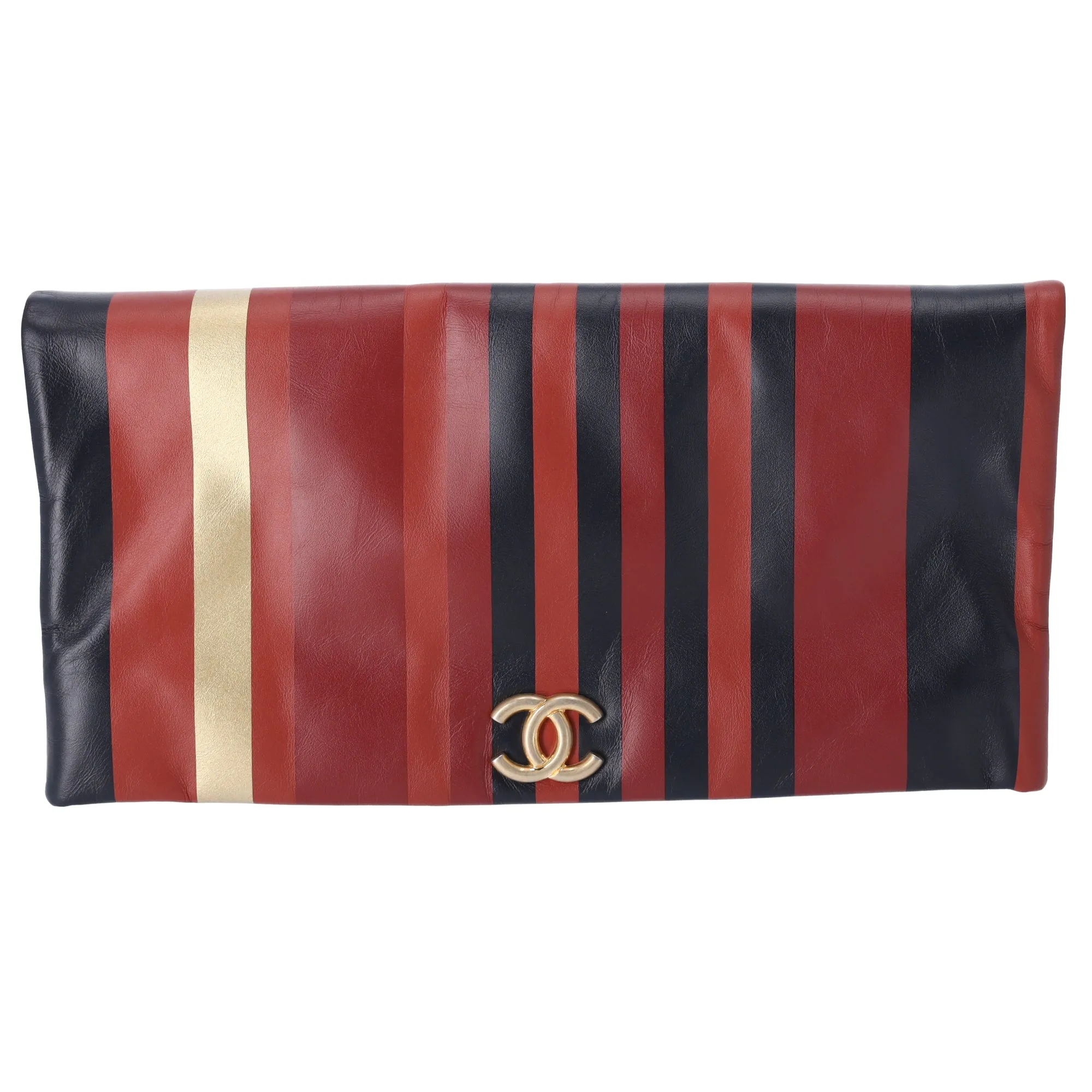 Chanel Paris Greece Black Gold Burgundy Stripe Calfskin CC Flap Clutch sold by Gaby's Bags