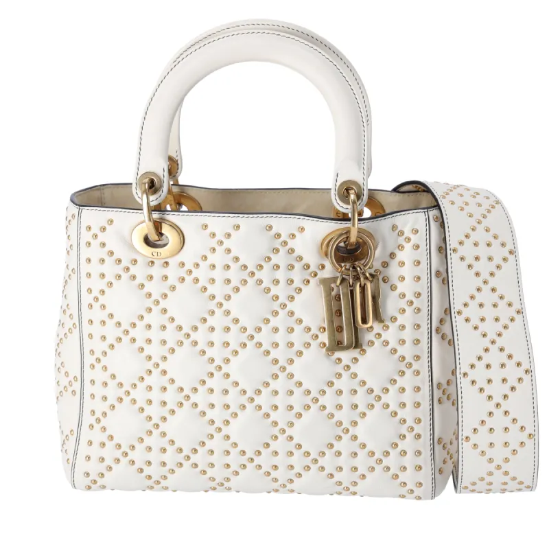 Christian Dior Lady Dior Medium Bag Handbag Cream Leather Studded sold by Gaby's Bags