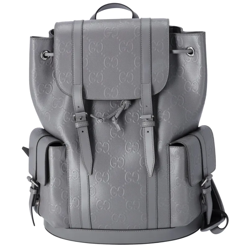GUCCI GG Embossed Large Drawstring Flap Backpack 625770 Gray Leather sold by Gaby's Bags