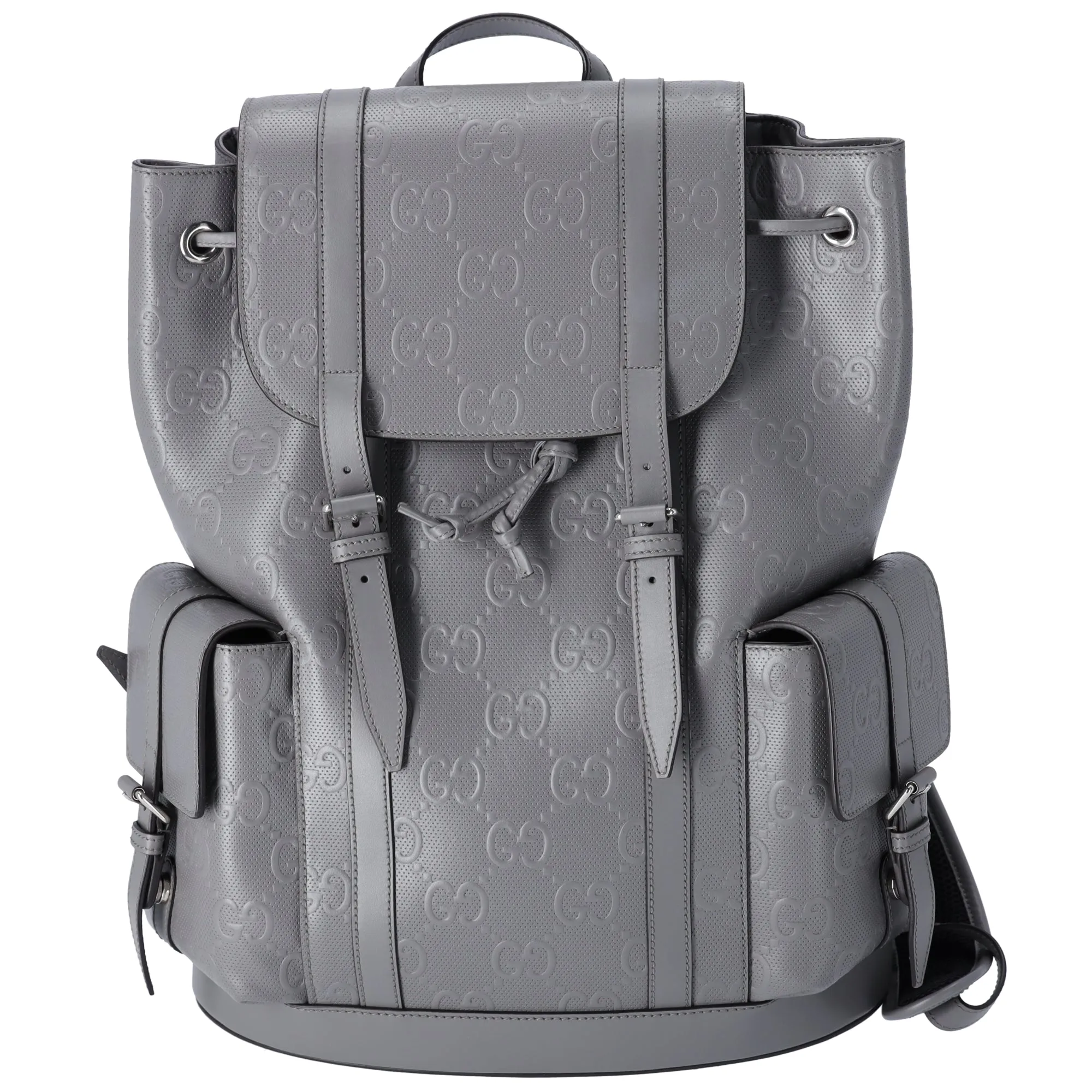 GUCCI GG Embossed Large Drawstring Flap Backpack 625770 Gray Leather sold by Gaby's Bags