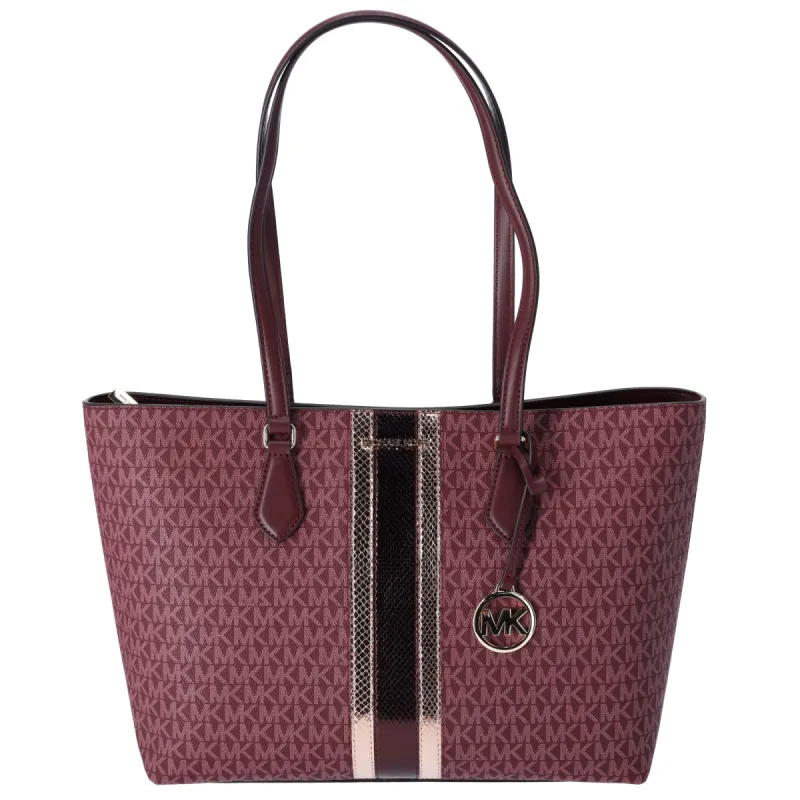 Michael Kors Sheila Large Signature Logo Tote Bag Oxblood Stripe MK Metallic sold by Gaby's Bags