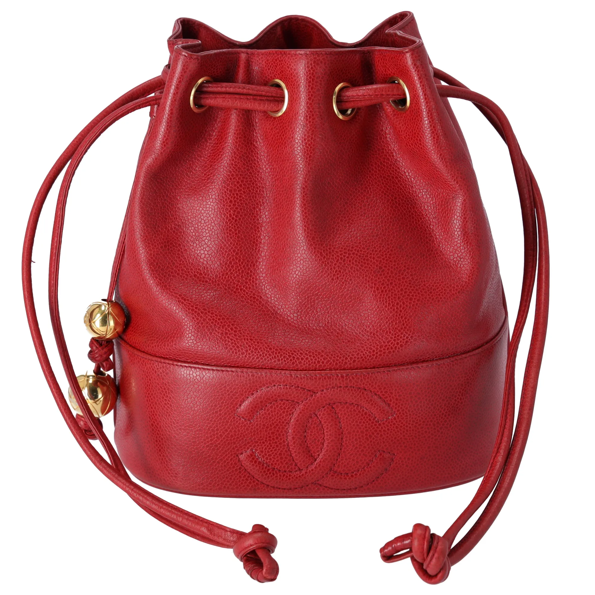 CHANEL Vintage CC Drawstring Small Bucket Bag Tote Caviar Red sold by Gaby's Bags