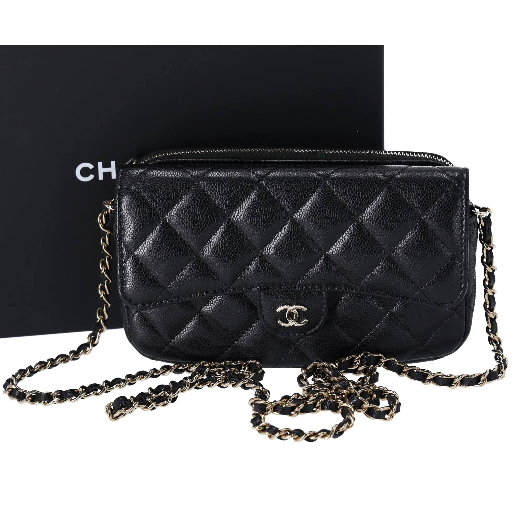 CHANEL Caviar Quilted Flap Phone Holder With Chain Crossbody Black sold by Gaby's Bags