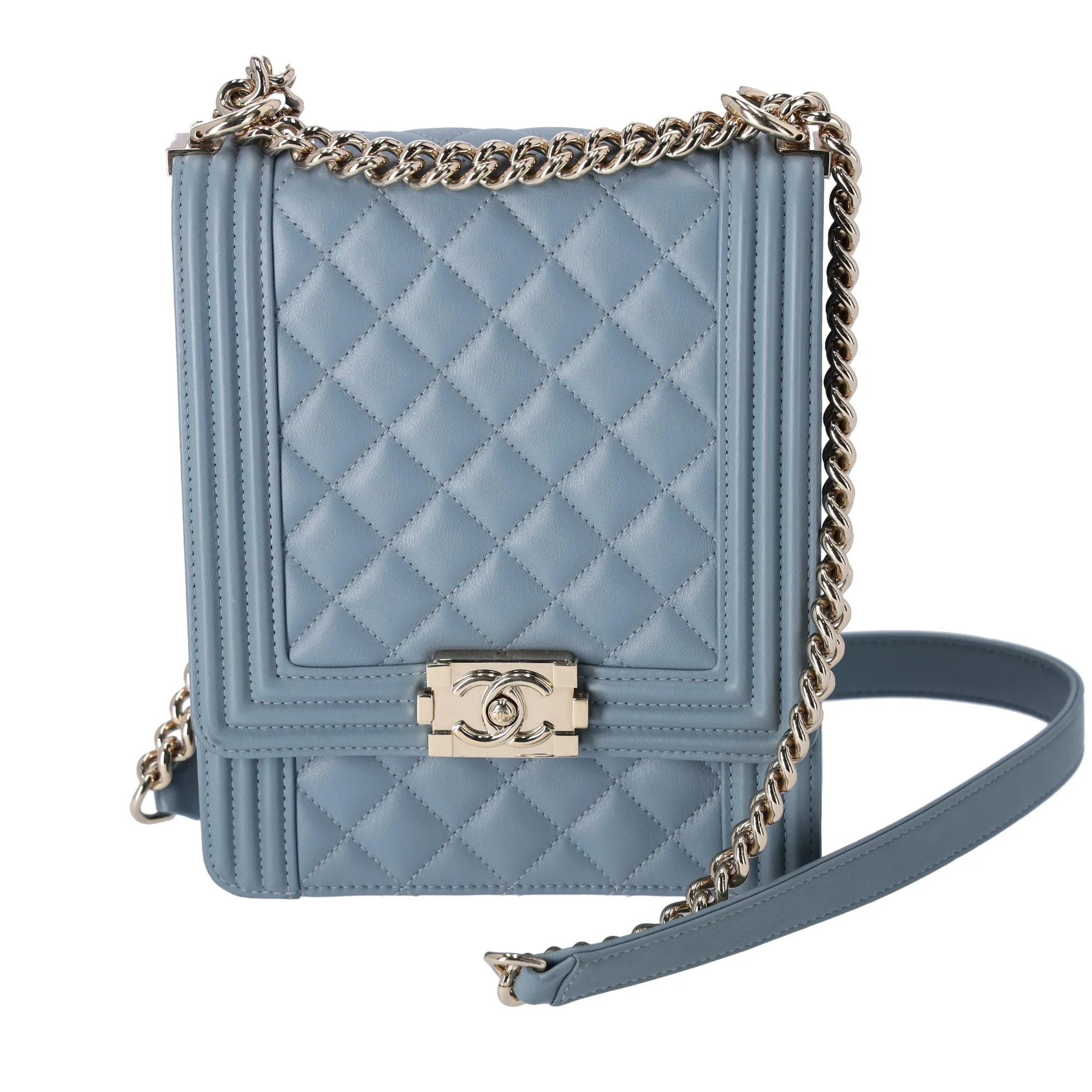 CHANEL Le Boy North South Matelasse Shoulder Bag Light Blue Quilted Lambskin sold by Gaby's Bags