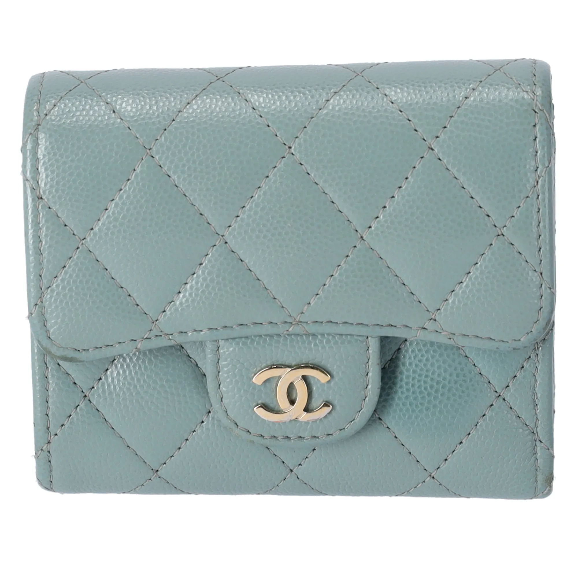 CHANEL Matelasse Trifold Wallet Turquoise Green Caviar Leather sold by Gaby's Bags