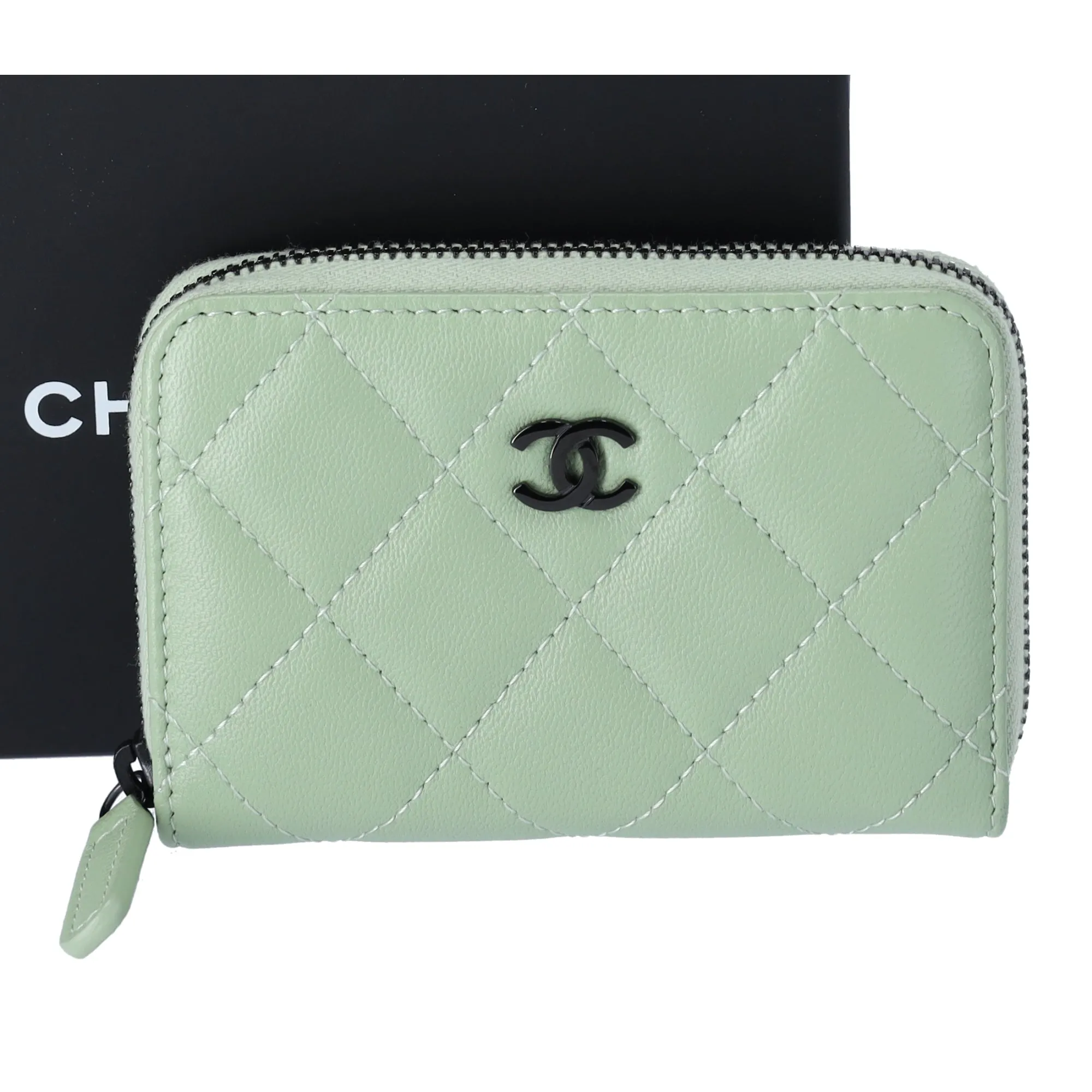 CHANEL Matelasse Coin Case Wallet Light Green Quilted Leather sold by Gaby's Bags