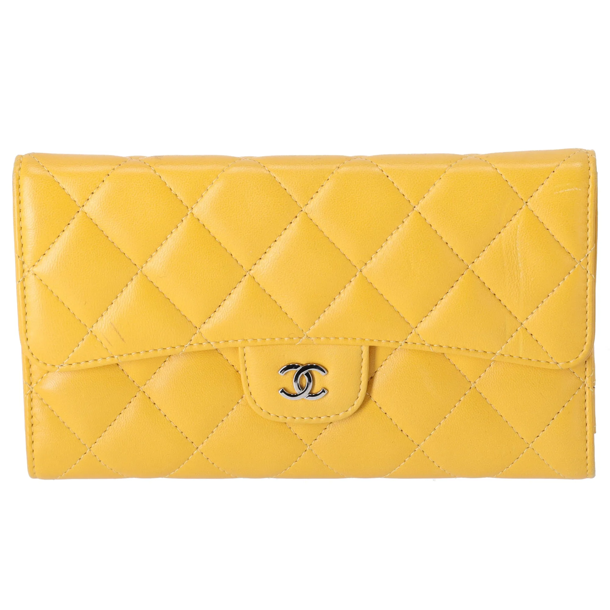 CHANEL Matelasse Trifold Long Wallet Yellow Lambskin Leather sold by Gaby's Bags