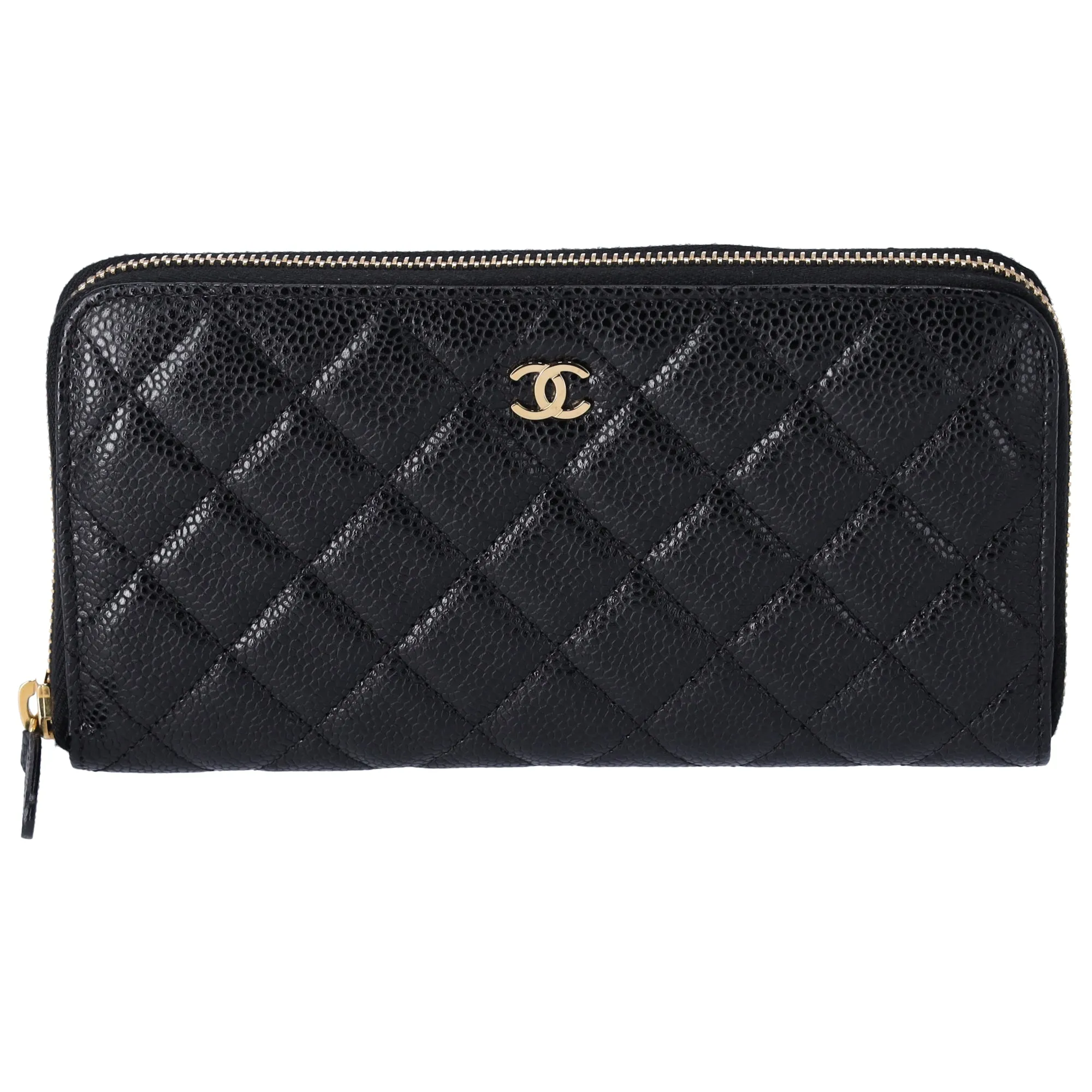 CHANEL Matelasse Long Zippy Wallet Black Gold Caviar Leather sold by Gaby's Bags