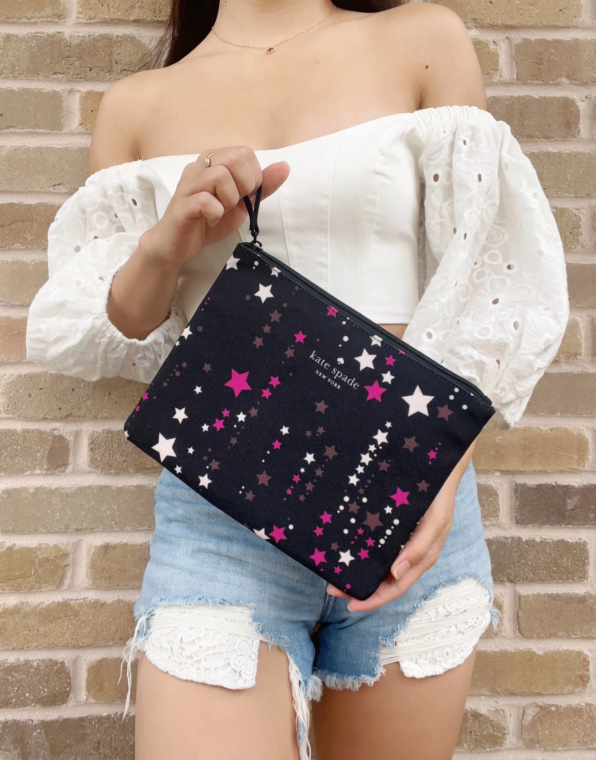 Kate Spade Large Canvas Cosmetic Zip Twinkle Star Pouch in Black Pink Multi sold by Gaby's Bags product image thumbnail 2