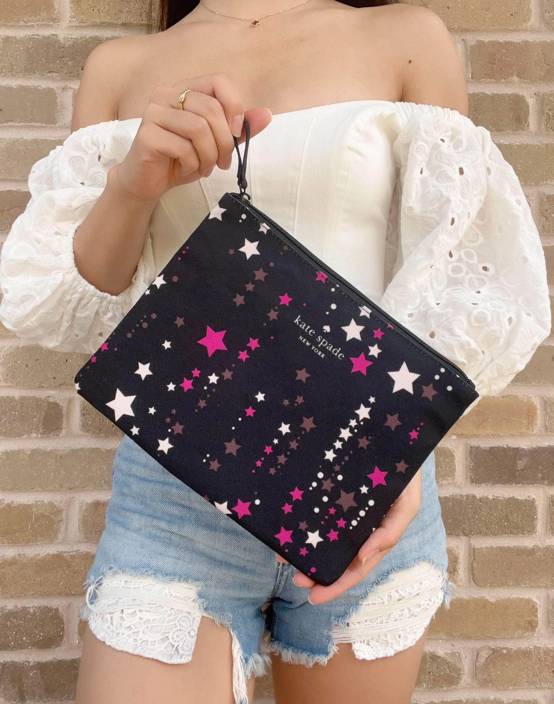Kate Spade Large Canvas Cosmetic Zip Twinkle Star Pouch in Black Pink Multi sold by Gaby's Bags
