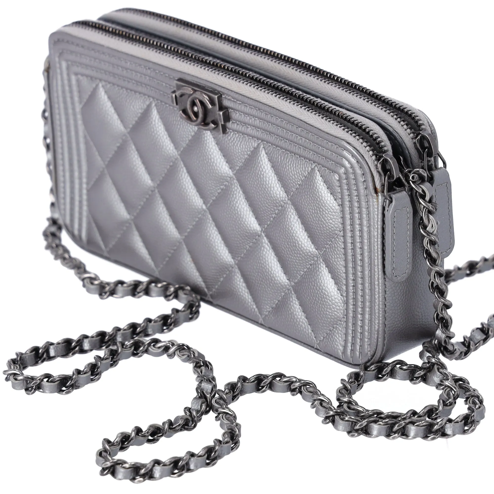 CHANEL Le Boy Matelasse Wallet on Chain Crossbody A84069 Silver Caviar sold by Gaby's Bags product image thumbnail 4