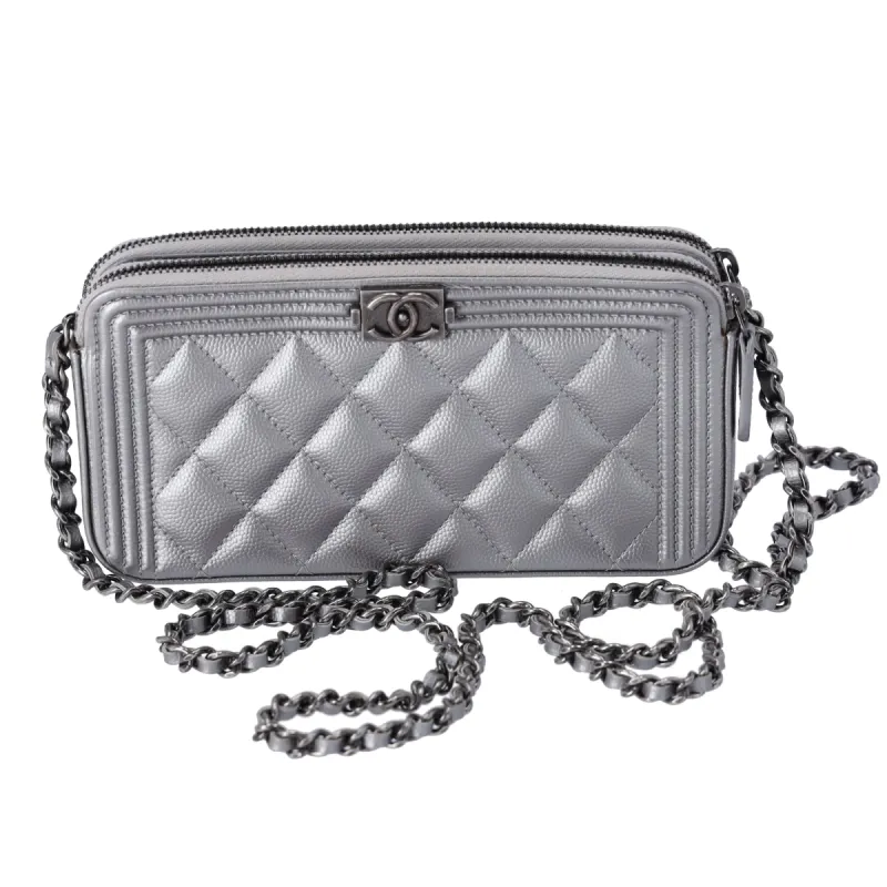 CHANEL Le Boy Matelasse Wallet on Chain Crossbody A84069 Silver Caviar sold by Gaby's Bags