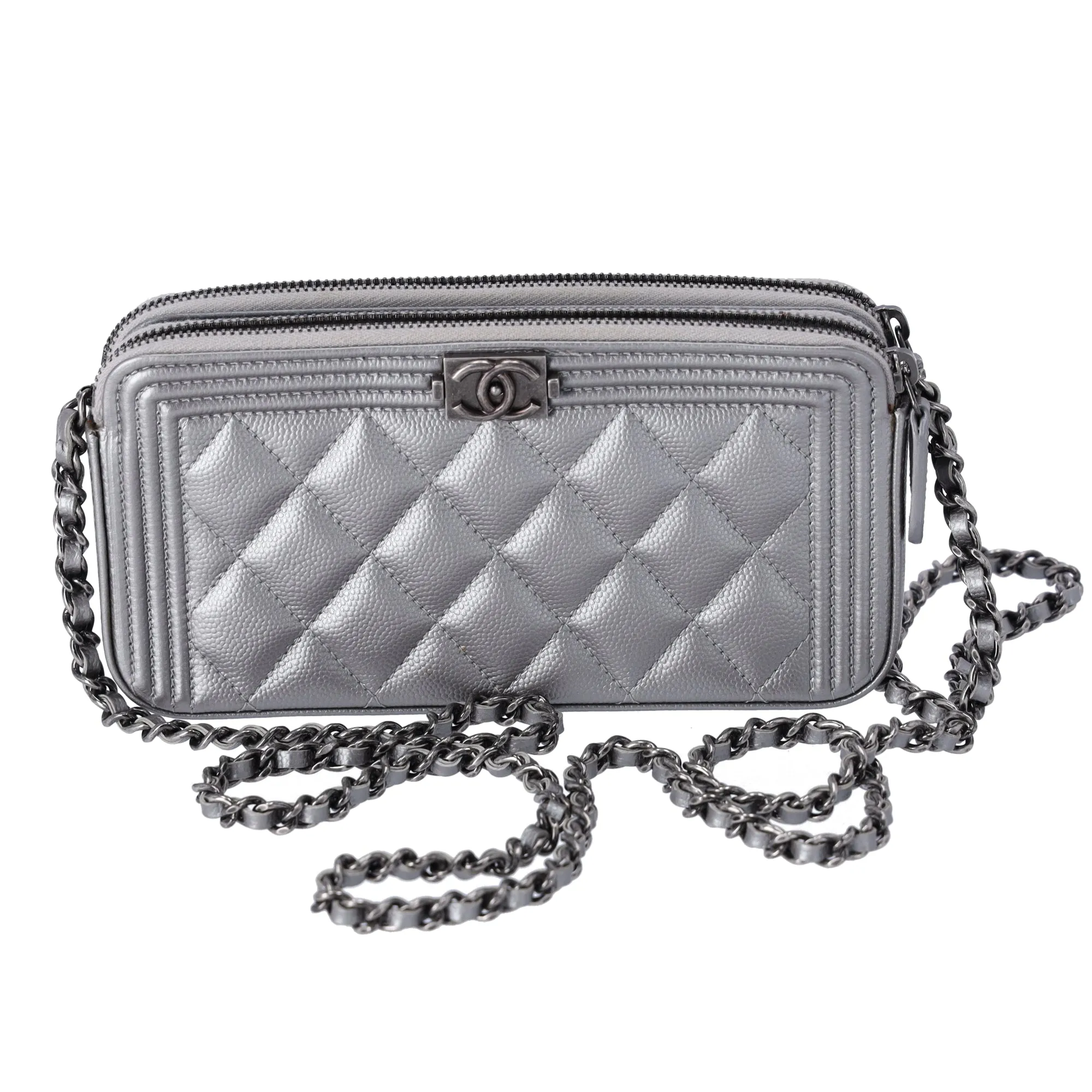 CHANEL Le Boy Matelasse Wallet on Chain Crossbody A84069 Silver Caviar sold by Gaby's Bags