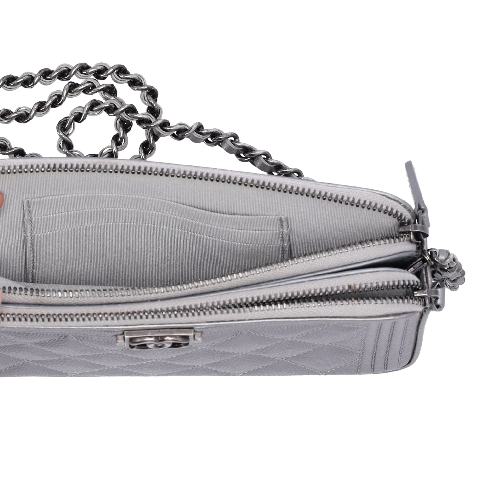 CHANEL Le Boy Matelasse Wallet on Chain Crossbody A84069 Silver Caviar sold by Gaby's Bags product image thumbnail 3