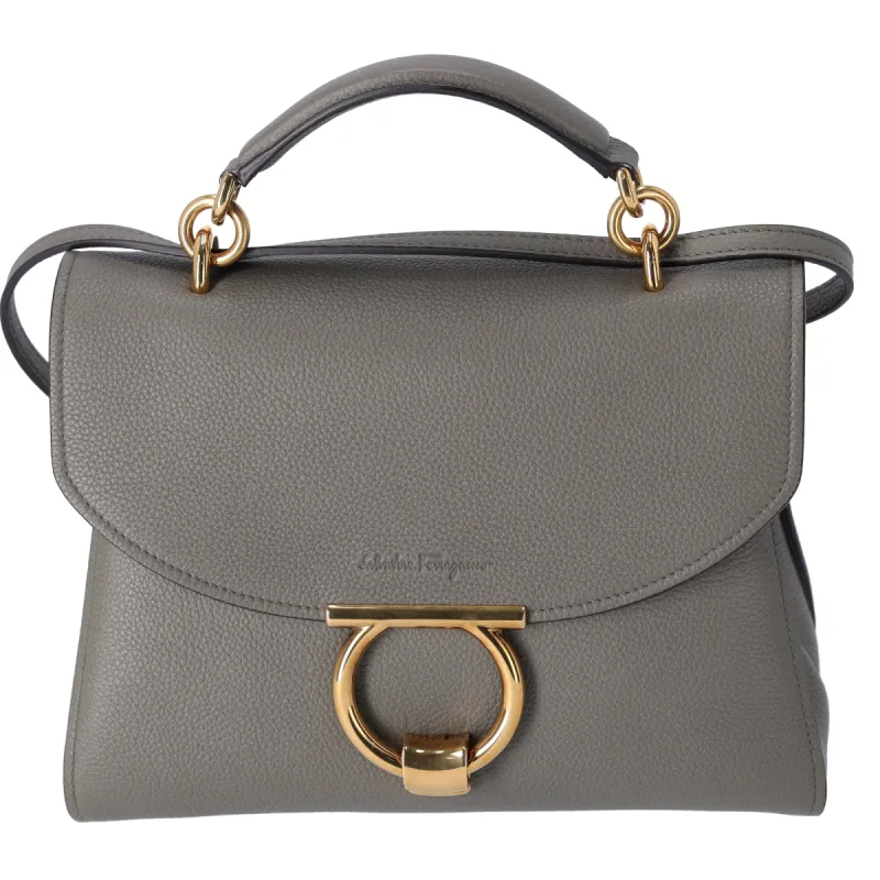 Salvatore Ferragamo Gancini Handbag Shoulder Bag GG-21H493 Gray Pebbled Leather sold by Gaby's Bags