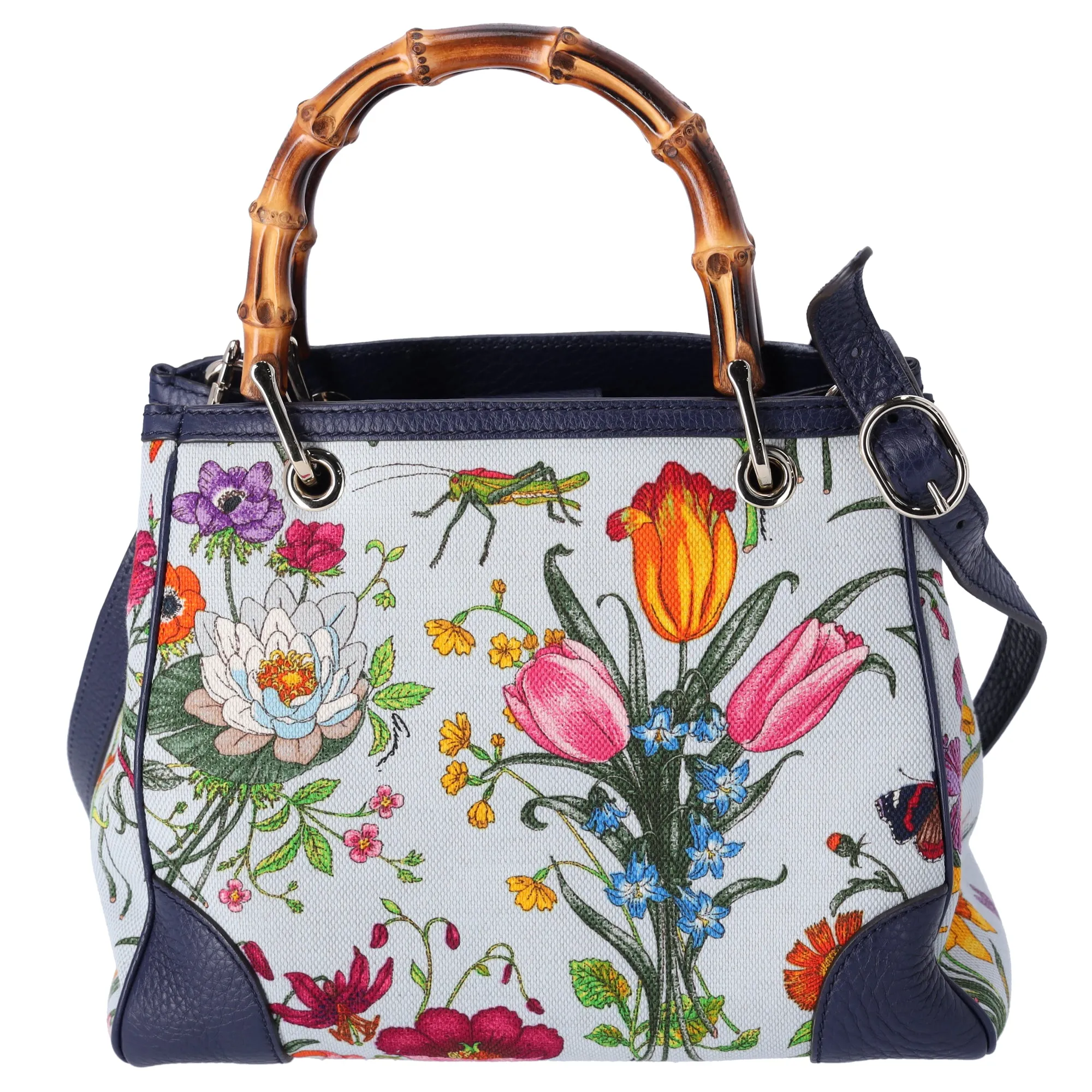 GUCCI Bamboo Tote Bag 336032 Floral Print Light Blue Multi Canvas Leather sold by Gaby's Bags