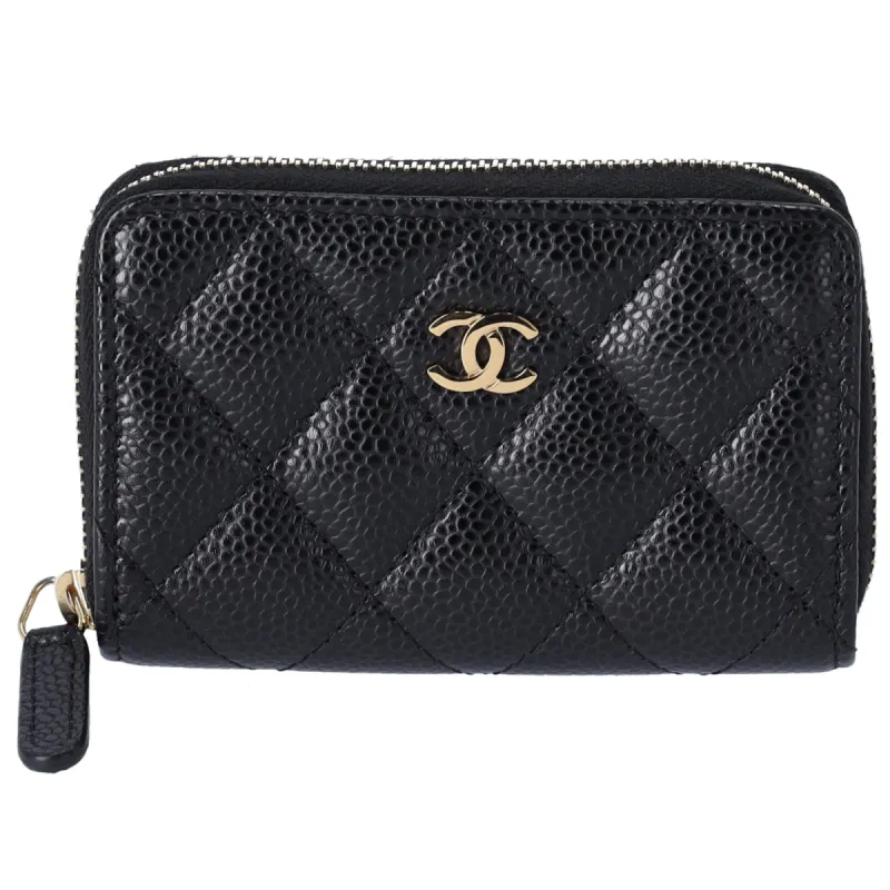 CHANEL Matelasse Coin Case Wallet Black Gold Caviar Leather sold by Gaby's Bags