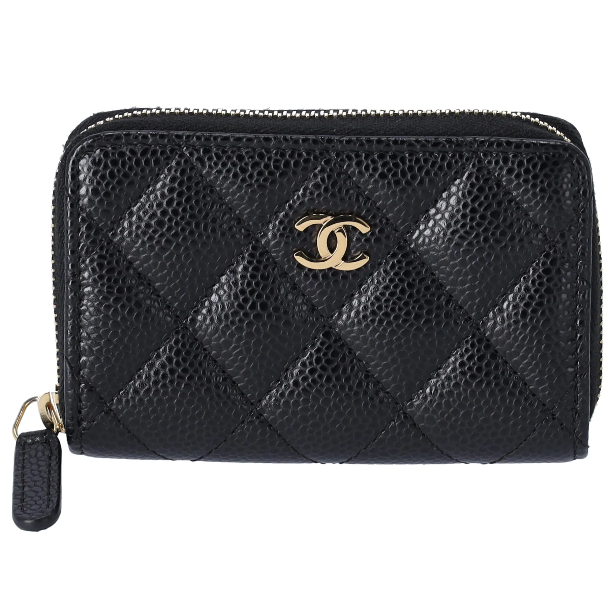 CHANEL Matelasse Coin Case Wallet Black Gold Caviar Leather sold by Gaby's Bags