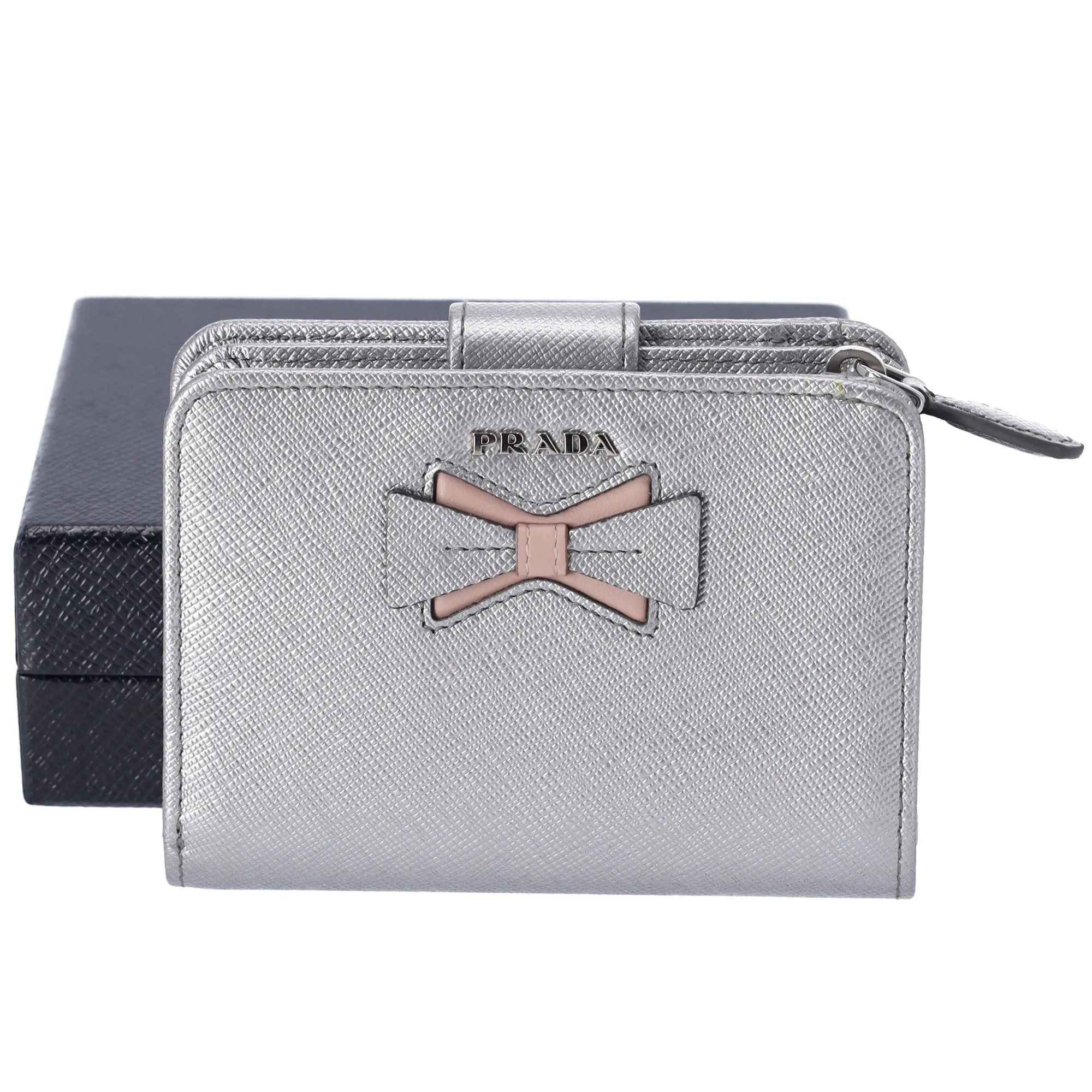 PRADA Bifold Wallet 1ML018 Silver Pink Bow Saffiano Leather sold by Gaby's Bags