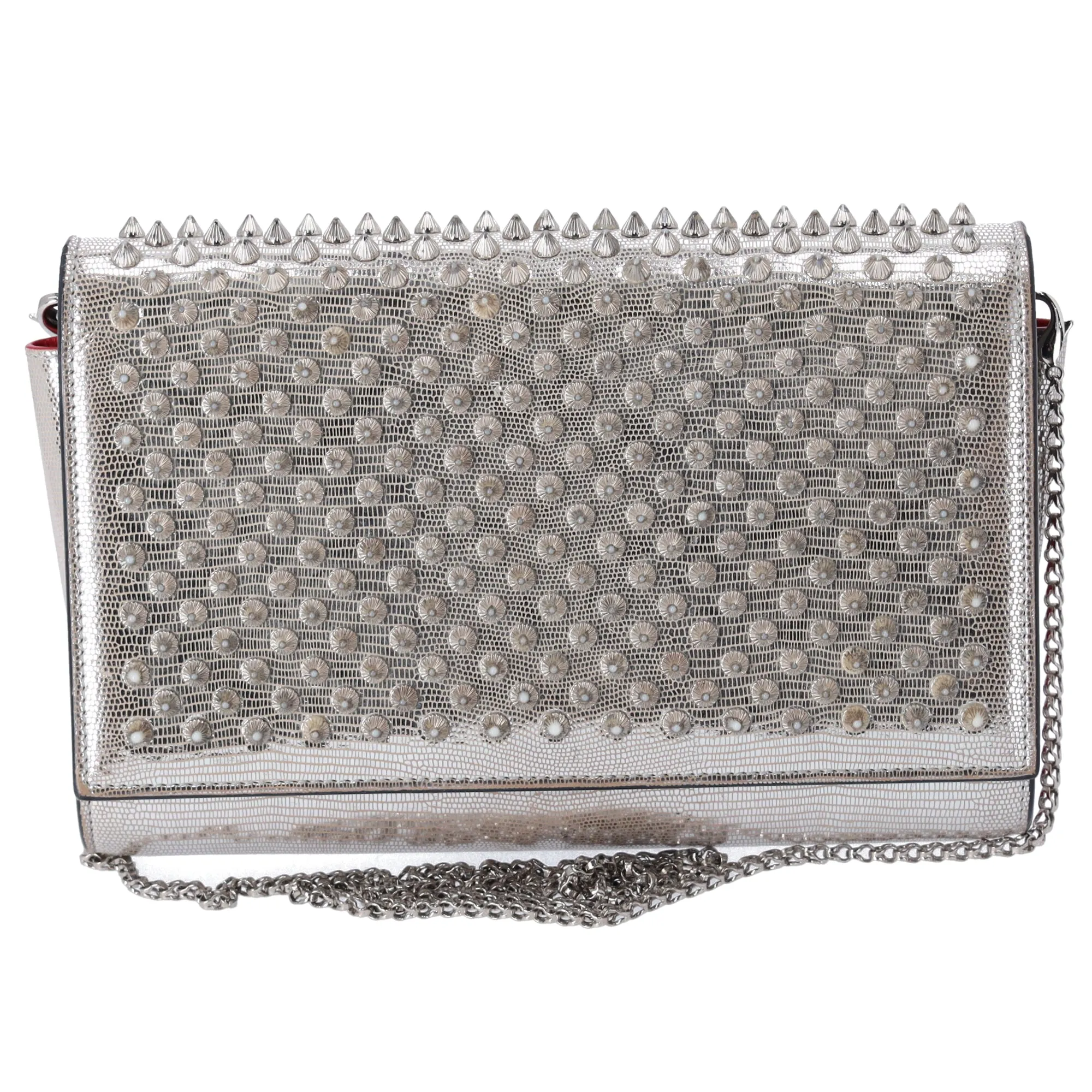 Christian Louboutin Paloma Clutch Chain Crossbody Bag Silver Leather Studded sold by Gaby's Bags