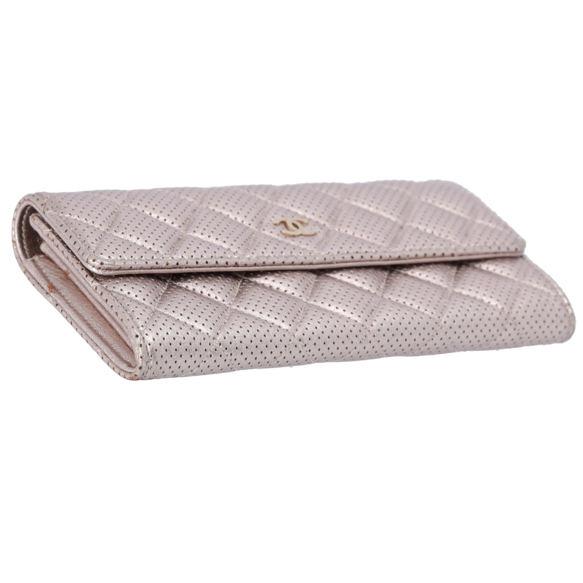 CHANEL Metallic Perforated Lambskin Quilted Large Gusset Flap Wallet Rose Gold sold by Gaby's Bags product image thumbnail 4