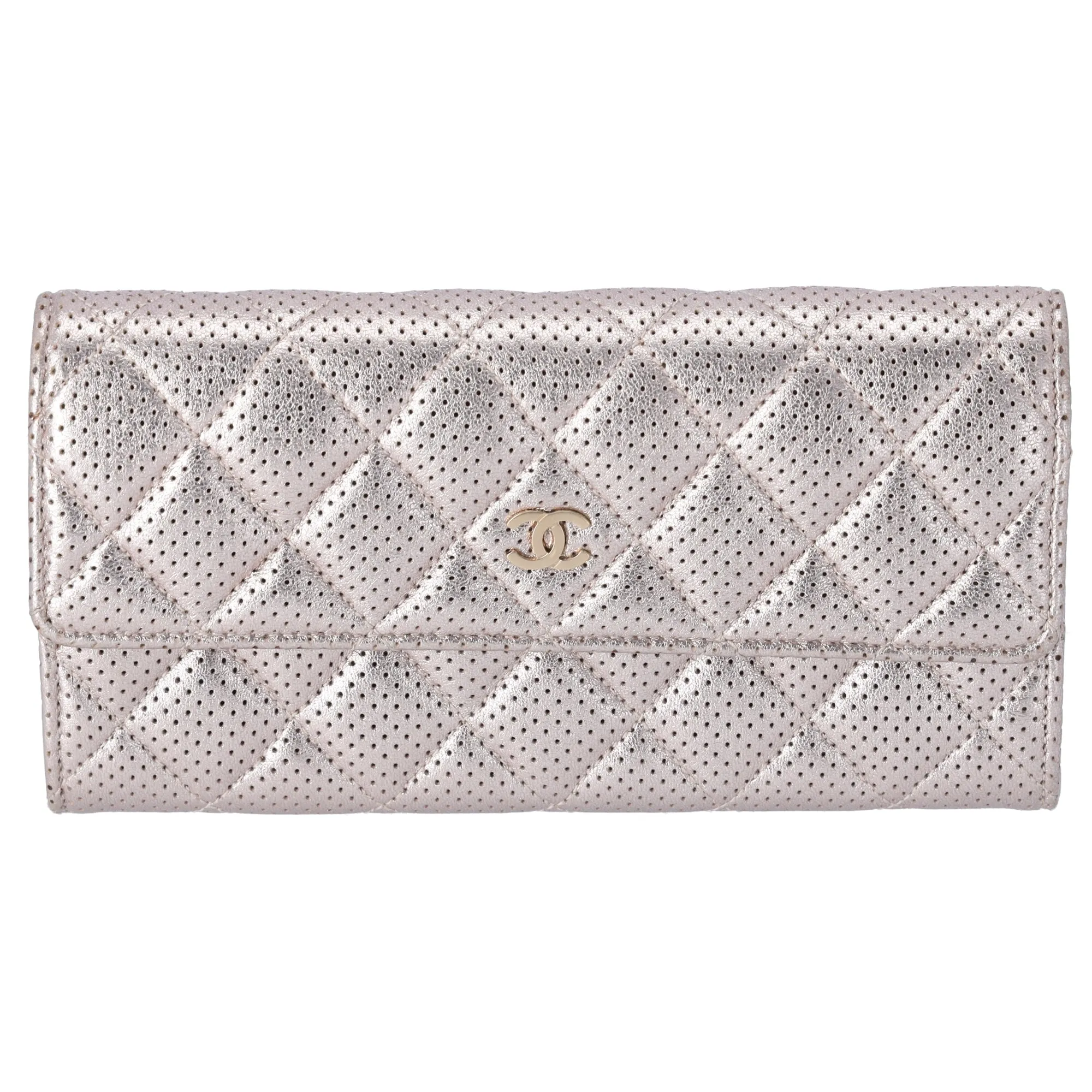 CHANEL Metallic Perforated Lambskin Quilted Large Gusset Flap Wallet Rose Gold sold by Gaby's Bags