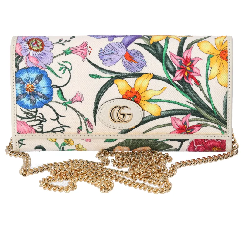 GUCCI GG Marmont Flora Print Chain Wallet Crossbody 577343 Cream Pink Multi sold by Gaby's Bags