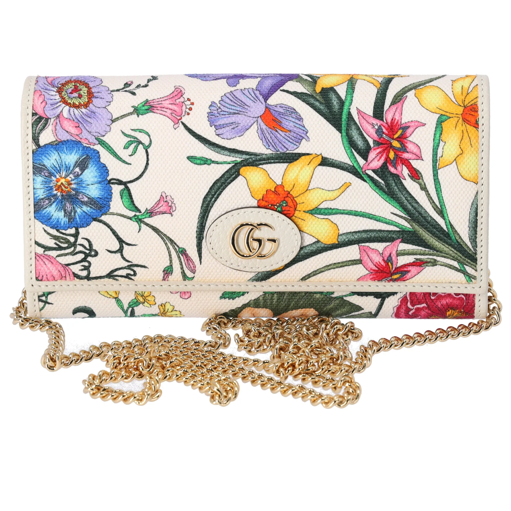 GUCCI GG Marmont Flora Print Chain Wallet Crossbody 577343 Cream Pink Multi sold by Gaby's Bags