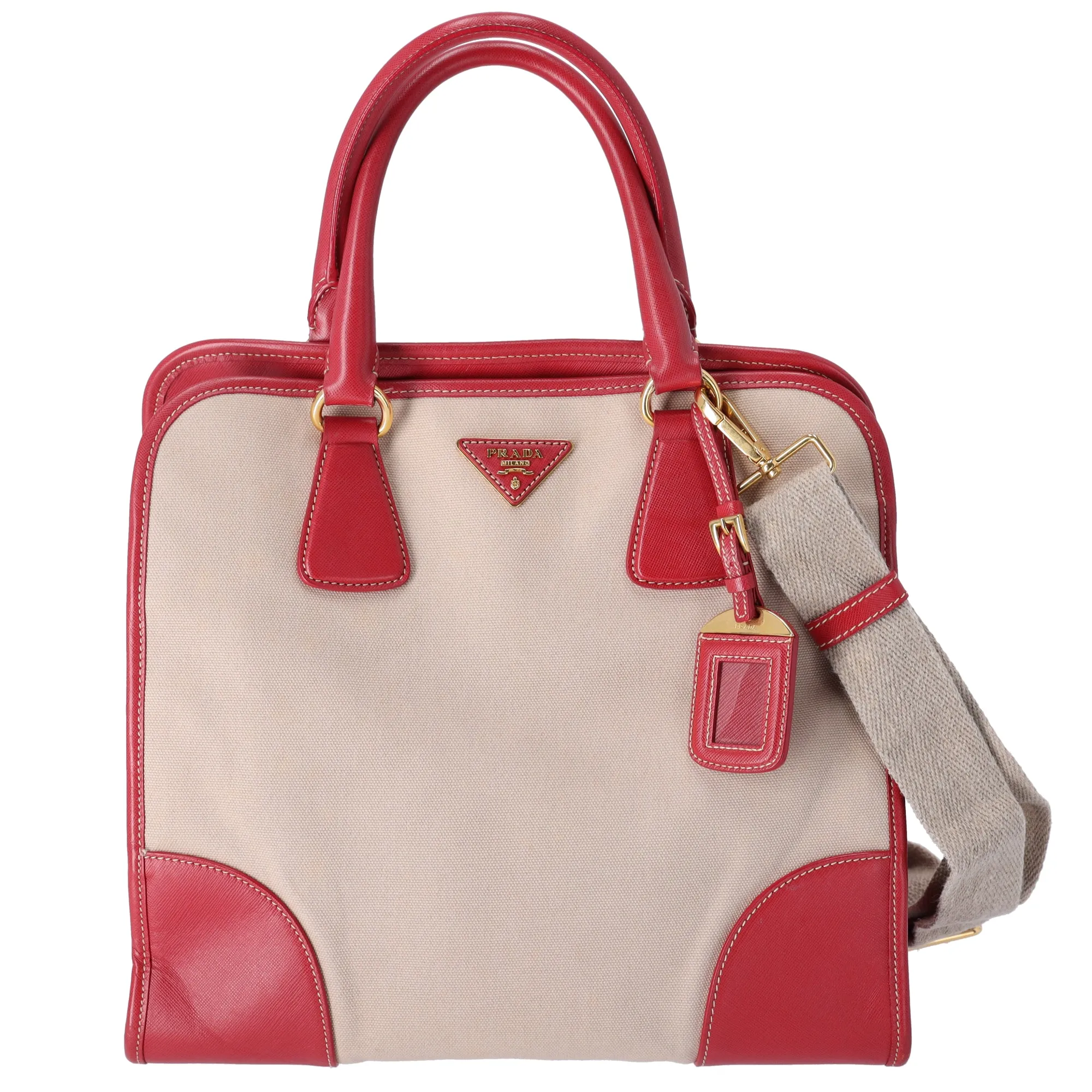 PRADA Triangle Logo Tote Bag BN2254 Tan Red Canvas Leather sold by Gaby's Bags