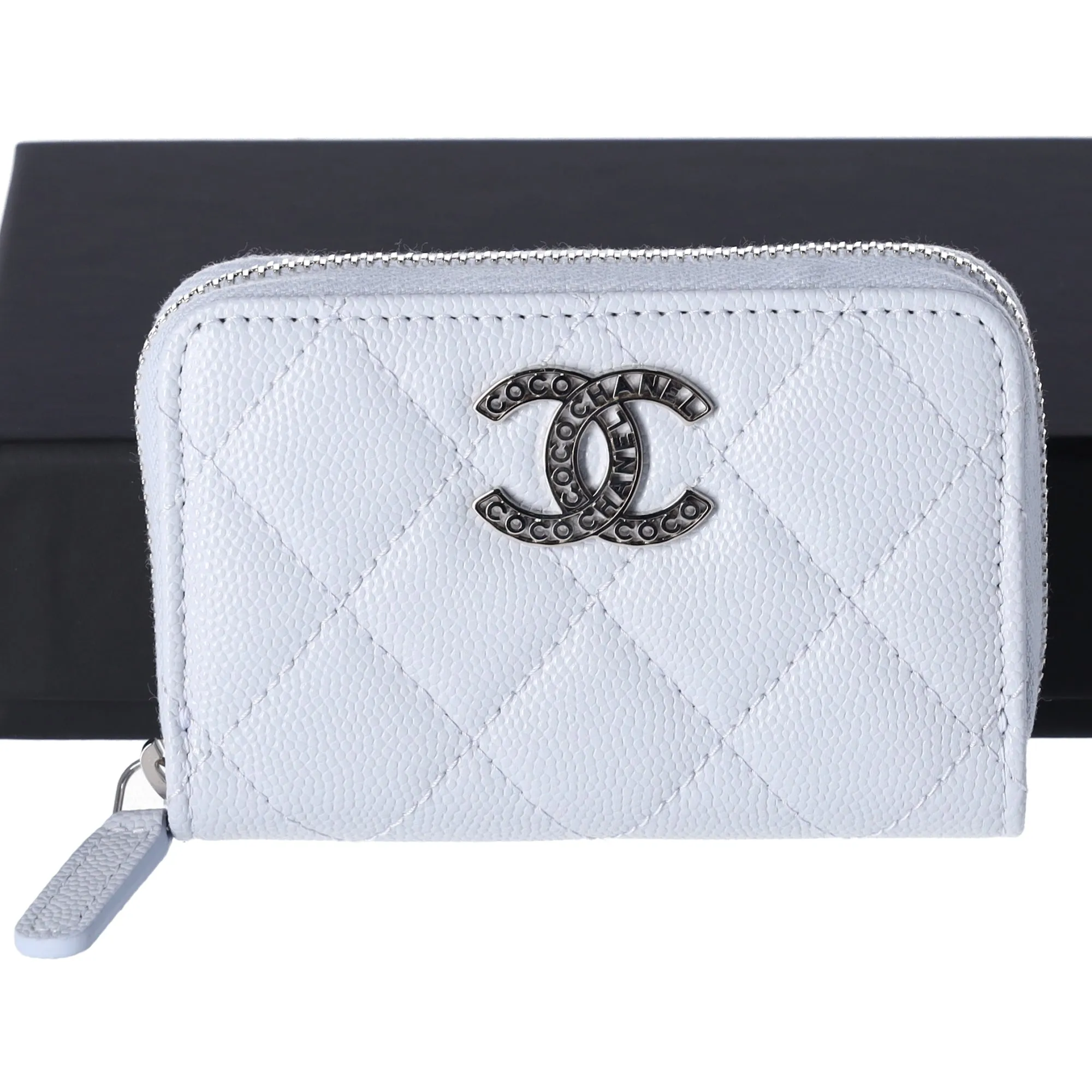 CHANEL Perforated CC Logo Coin Case Light Blue Caviar Leather sold by Gaby's Bags