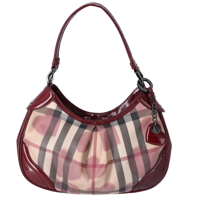 Burberry Nova Check Heart Half Moon Shoulder Bag Bordeaux Beige Multi sold by Gaby's Bags