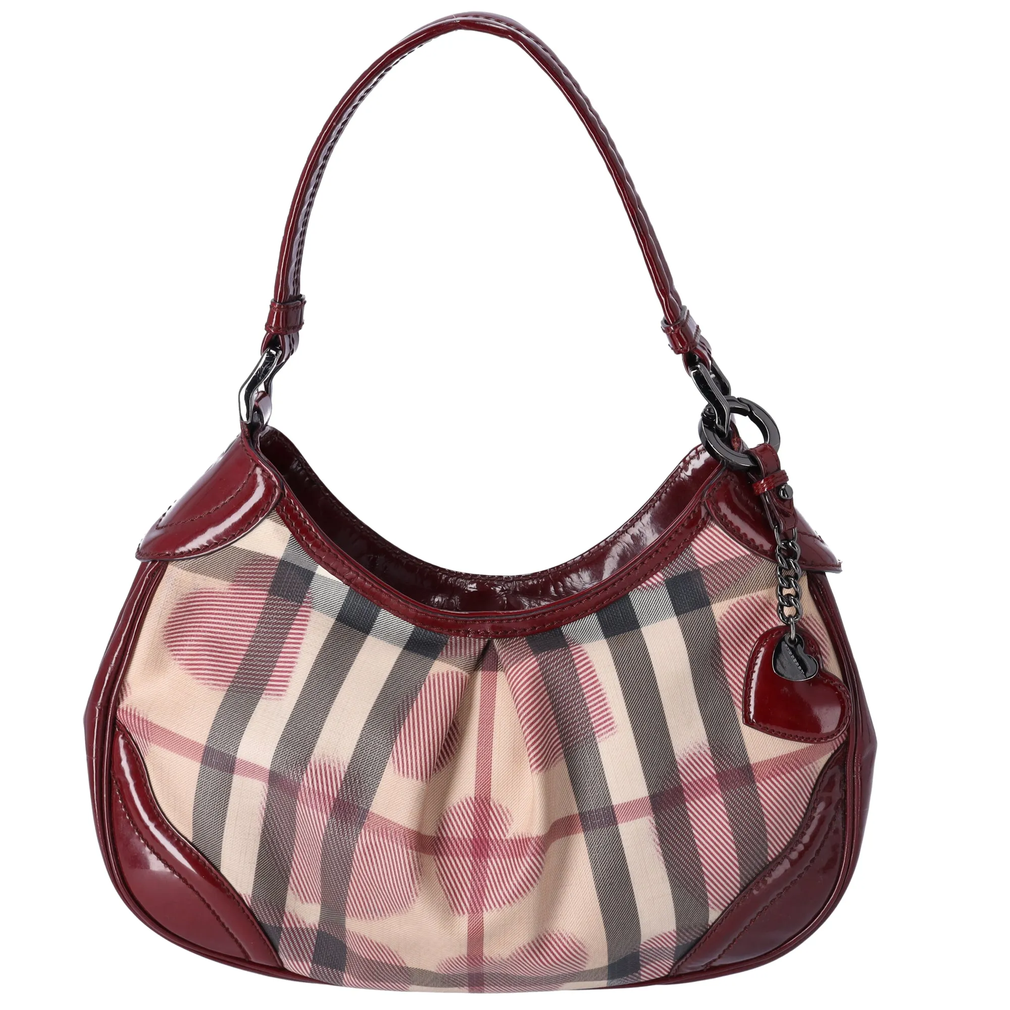 Burberry Nova Check Heart Half Moon Shoulder Bag Bordeaux Beige Multi sold by Gaby's Bags