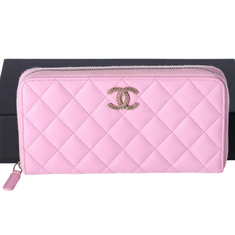 CHANEL Caviar Quilted Perforated CC Long Zipped Wallet Pink sold by Gaby's Bags