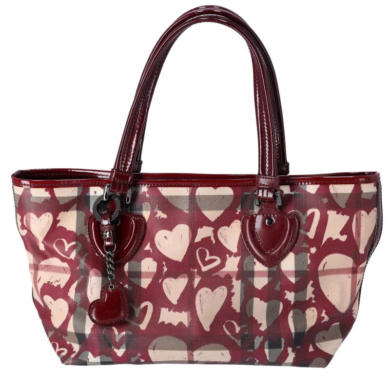 Burberry Nova Check Heart Tote Red Beige Multi PVC Patent Leather sold by Gaby's Bags