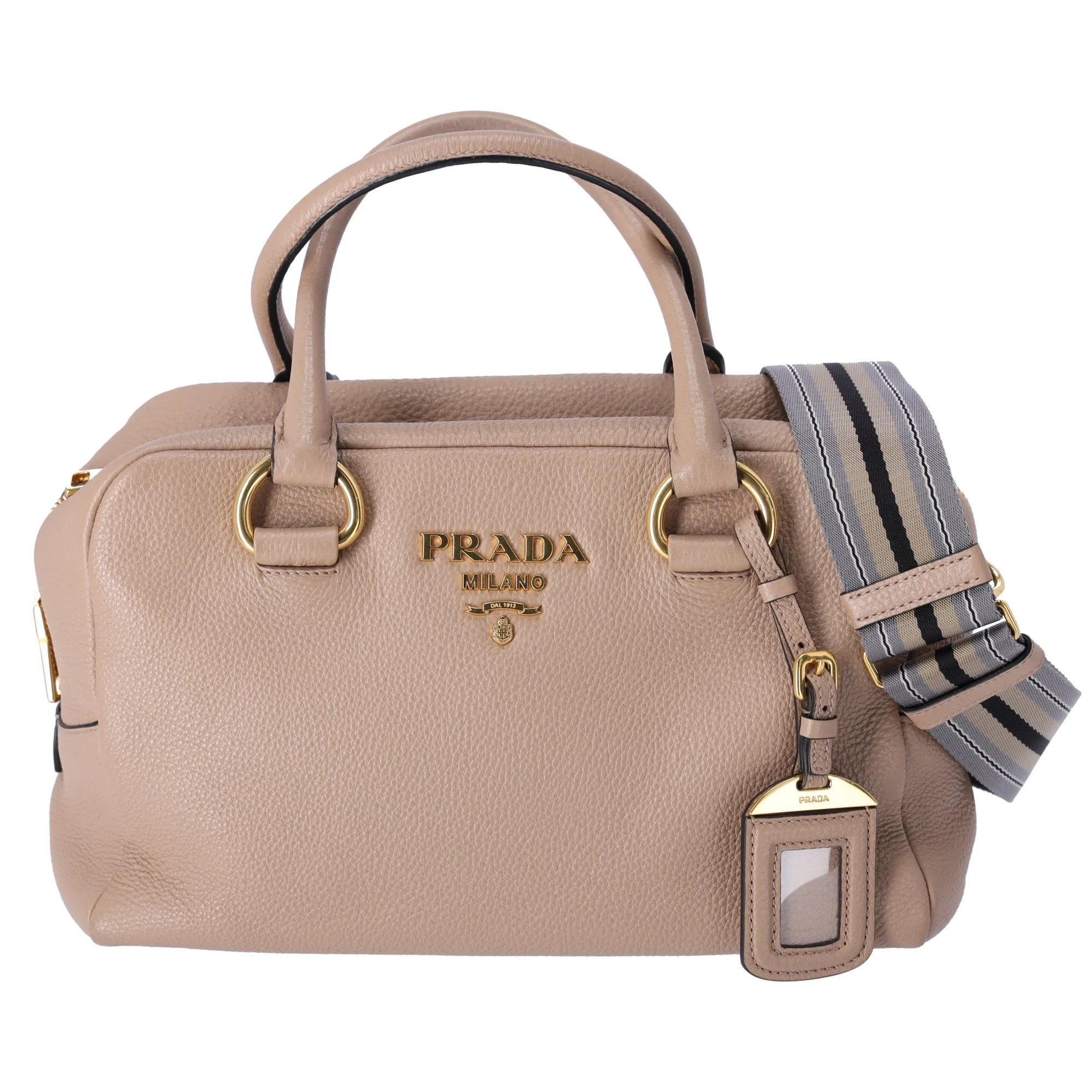PRADA Vitello Phenix Bauletto Handbag 1BB086 Taupe Pebbled Leather sold by Gaby's Bags