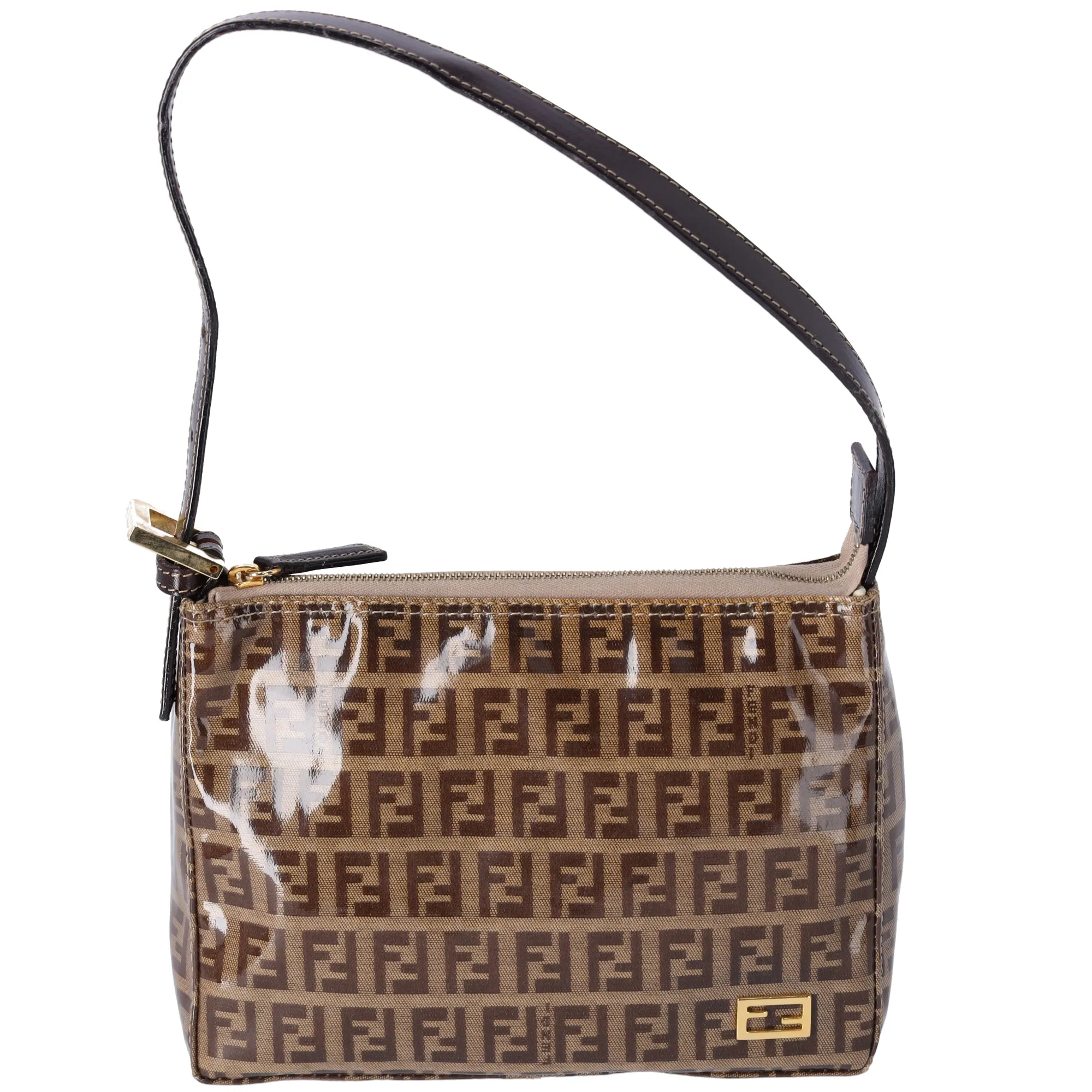 FENDI Zucchino Baguette Shoulder Bag Beige Dark Brown Coated Canvas sold by Gaby's Bags