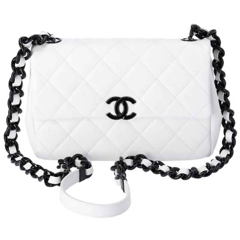 CHANEL My Everything Medium Flap Bag Quilted Caviar White w Black Hardware sold by Gaby's Bags