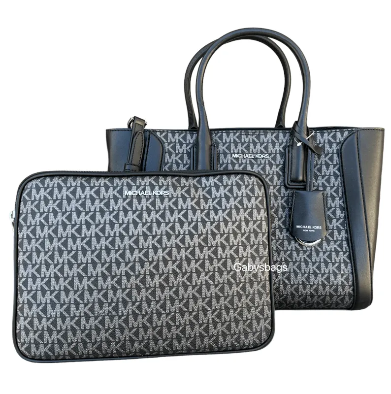 Michael Kors Kali Medium Satchel Crossbody Signature MK + Ipad Case Black Silver made by Michael Kors
