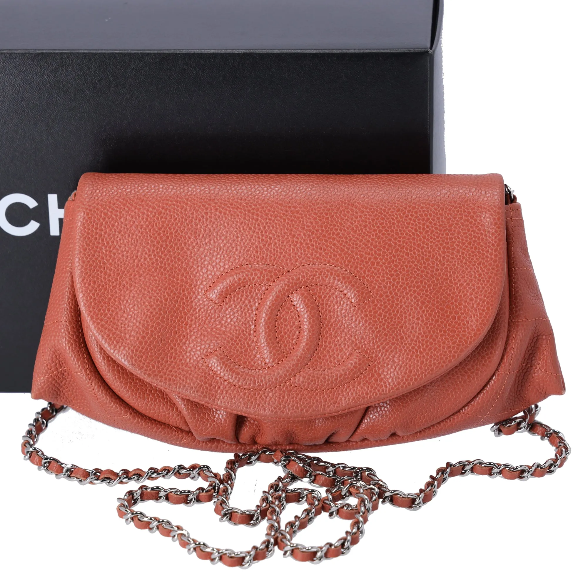 CHANEL Half Moon Flap Crossbody CC Logo Light Brown Caviar Leather sold by Gaby's Bags