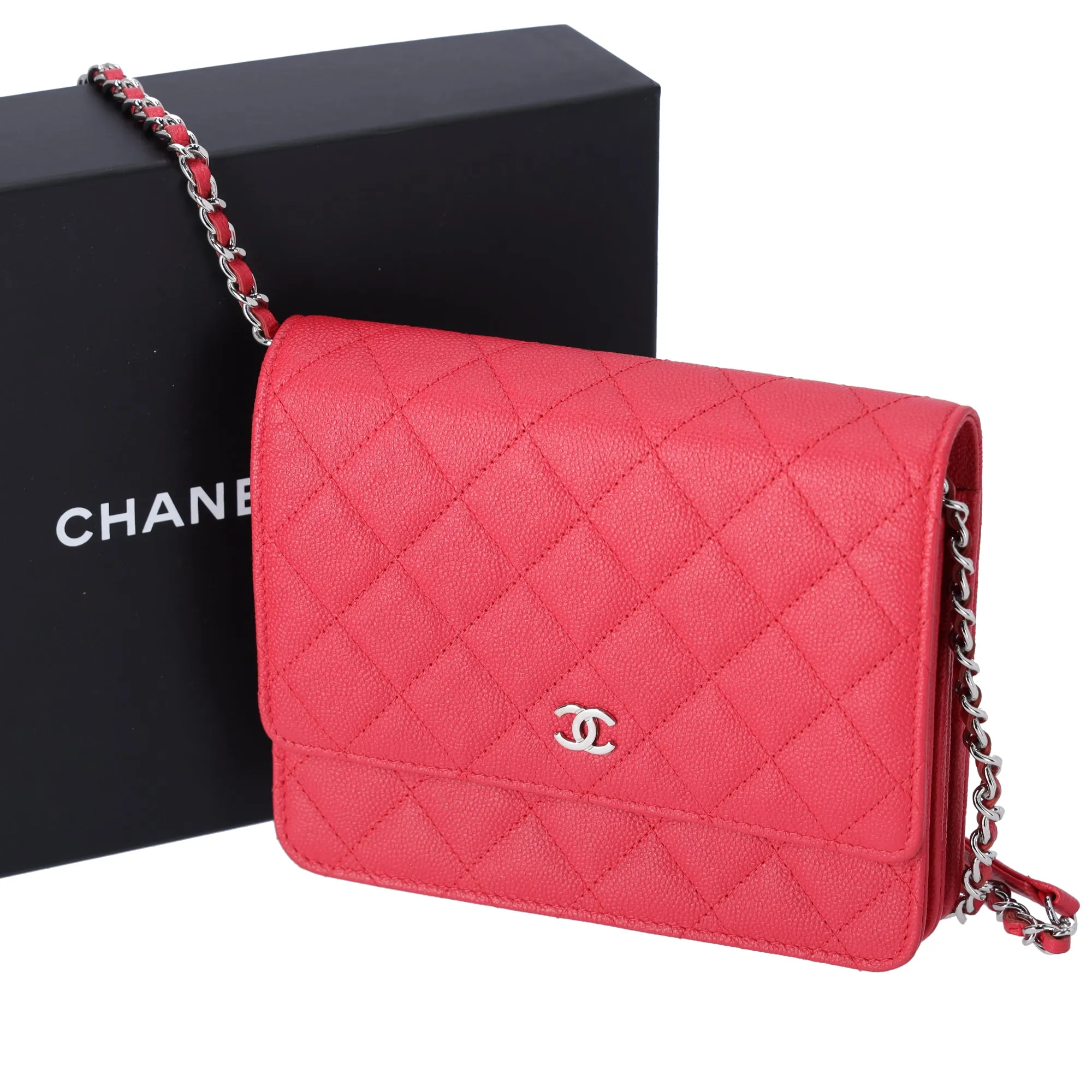 CHANEL Classic Square Wallet on Chain WOC Crossbody Red Quilted Caviar sold by Gaby's Bags