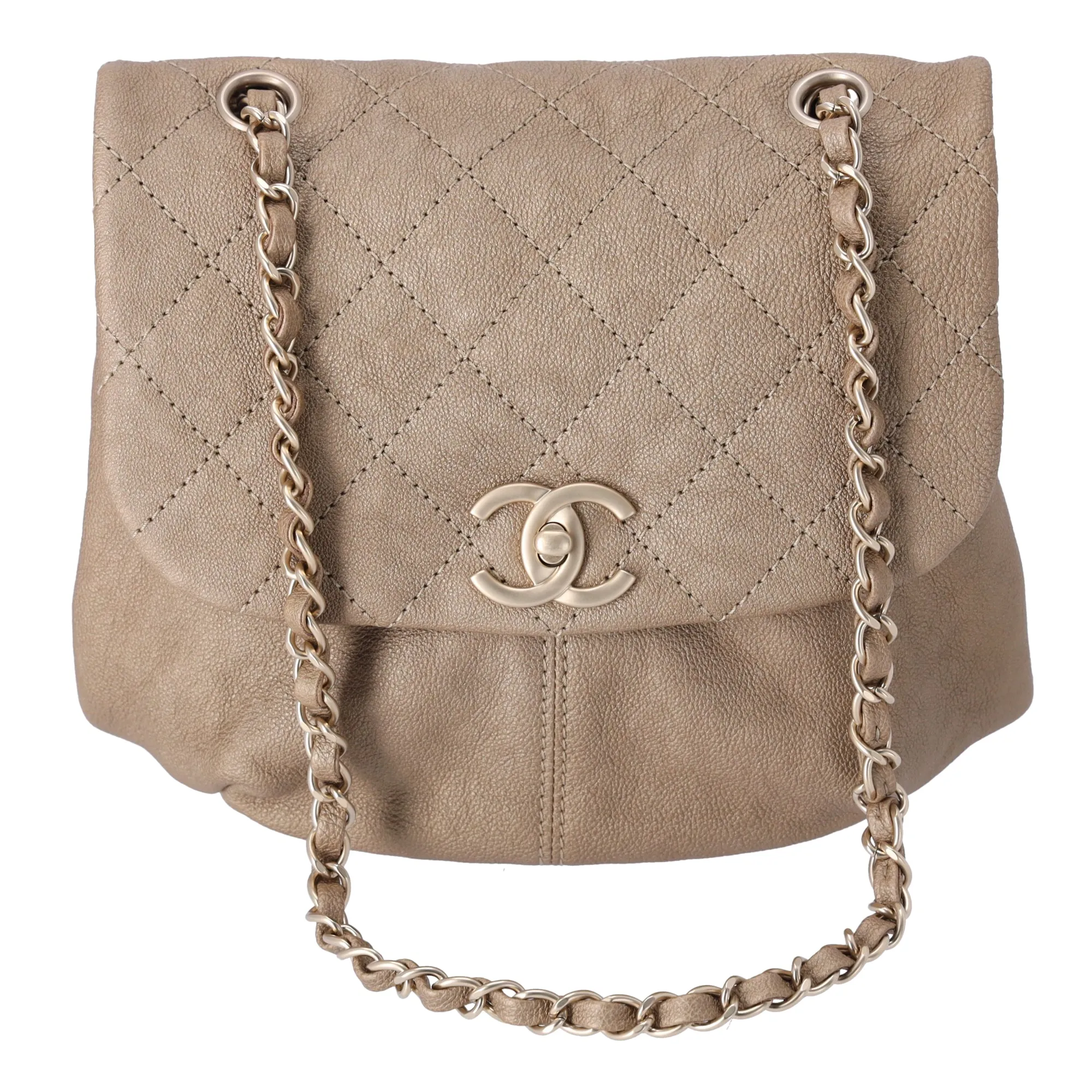 CHANEL Trianon Messenger Flap Bag Metallic Calfskin Quilted Gold sold by Gaby's Bags