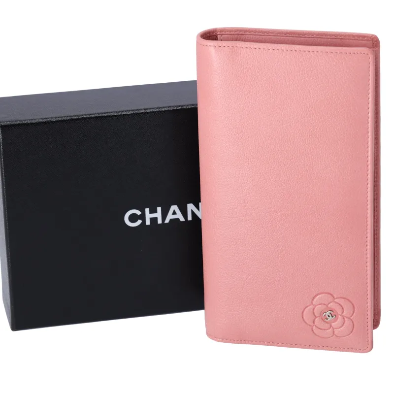 CHANEL CC Logo Camellia Long Wallet Pink Pebbled Leather sold by Gaby's Bags