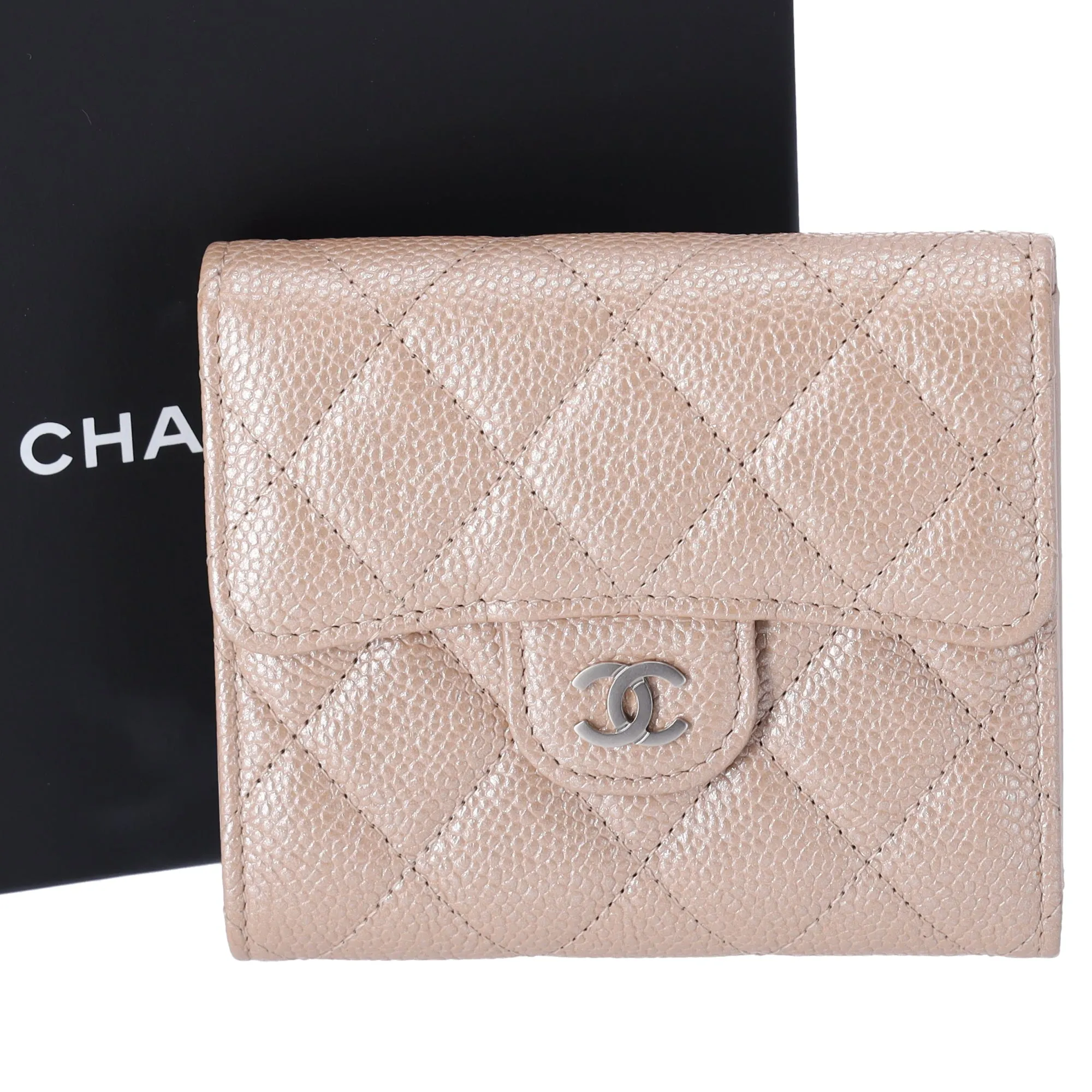 CHANEL Matelasse Trifold Wallet A82288 Iridescent Beige Caviar Leather sold by Gaby's Bags