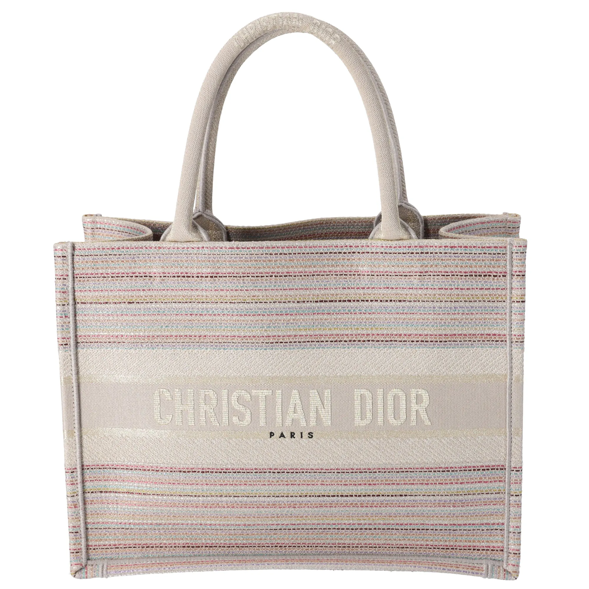 Christian Dior Medium Book Tote Canvas Embroidered Stripes Beige Multicolor sold by Gaby's Bags