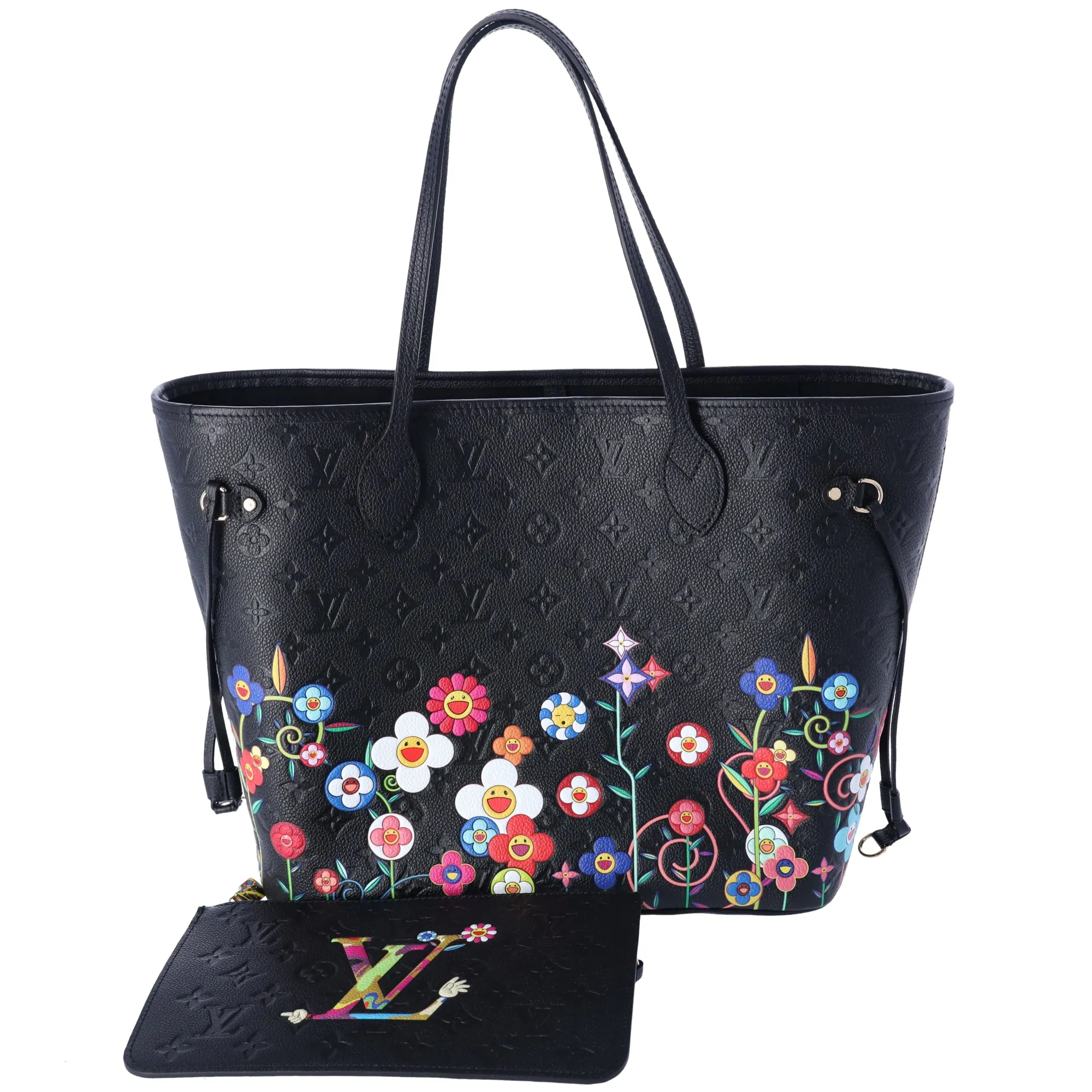 Louis Vuitton x Takashi Murakami Neverfull MM Tote Black Empreinte Flowers sold by Gaby's Bags